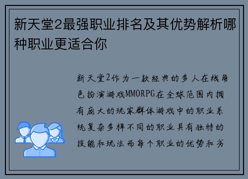 新天堂2最强职业排名及其优势解析哪种职业更适合你